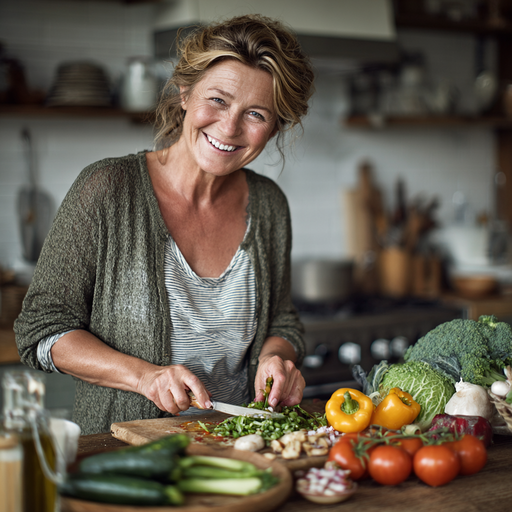 Mujer de 55 años sonriendo mientras prepara una ensalada saludable en su cocina moderna, mostrando ingredientes frescos y coloridos
