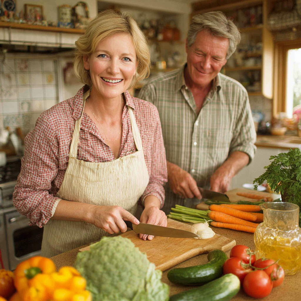 Pareja de 52 y 55 años cocinando juntos una comida saludable, sonriendo mientras preparan vegetales frescos en una cocina luminosa